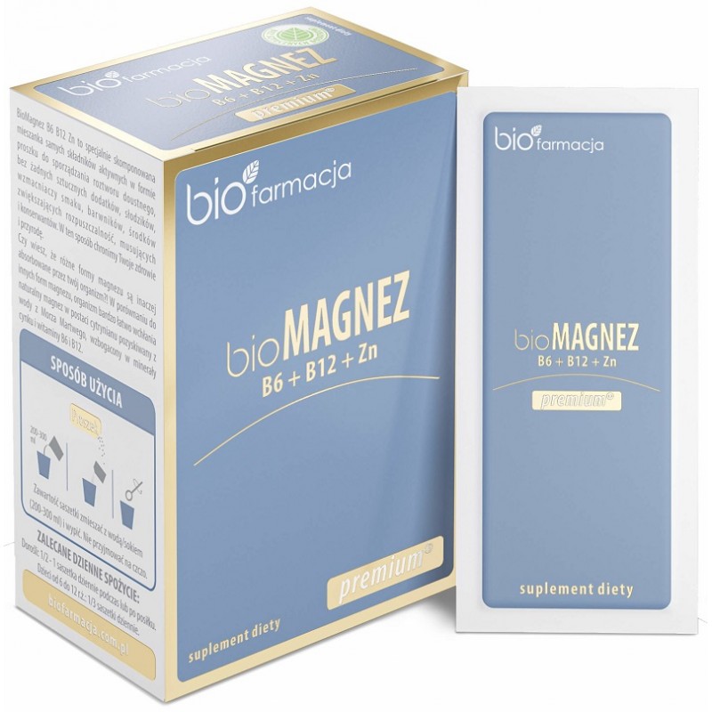 bio Magnez premium z B6 B12 oraz Cynkiem 20 saszetek bioFarmacja cytrynian magnezu z Morza martwego, cytrynian cynku