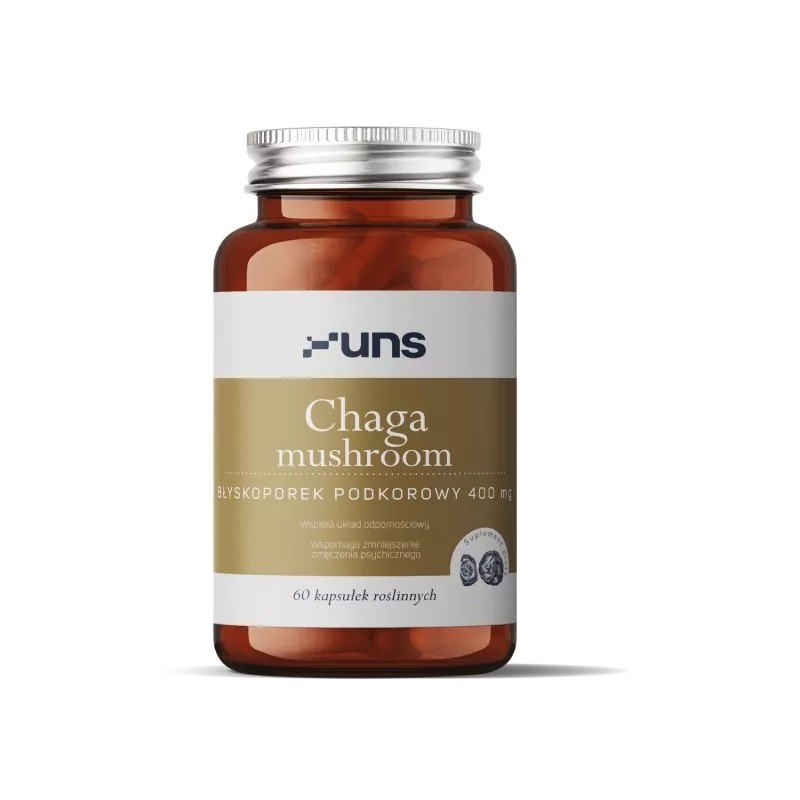 Chaga mushroom 400mg 60 kaps. UNS błyskoporek podkorowy polisacharydy Inonotus obliquus