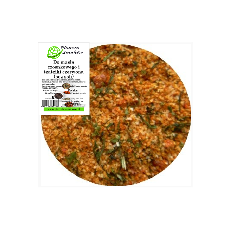 Przyprawa do masła czosnkowego i tzatziki czerwona - bez soli - 40g Planeta Smaków czosnek papryka kurkuma pietruszka kozieradka