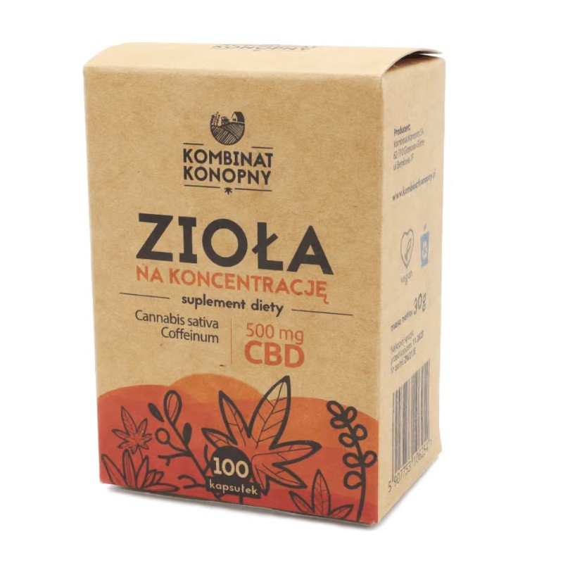 Zioła na koncentrację 100 kaps. 500 mg CBD Kombinat Konopny Kofeina Coffeinum konopie włókniste Cannabis sativa