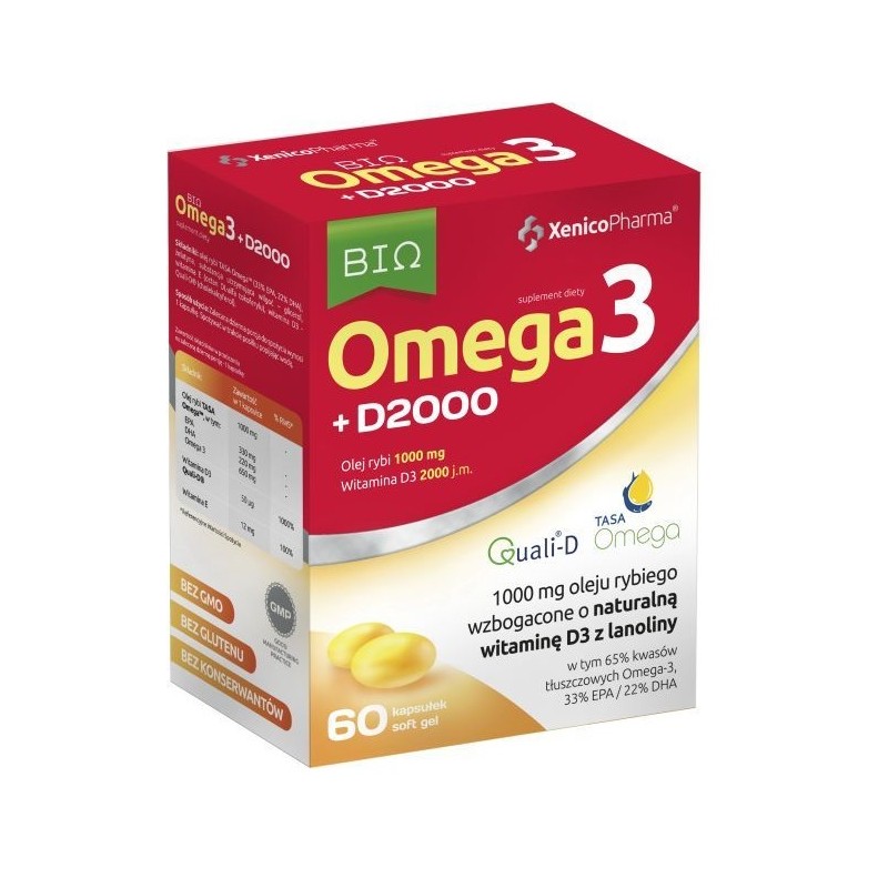 Omega3 + D3 2000 - 60 kaps. Xenico Pharma olej rybi TASA EPA DHA Witamina D3 Quali-D cholekalcyferol