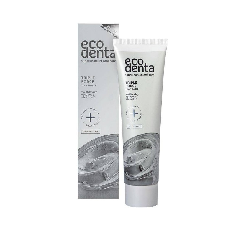 Pasta do zębów o potrójnym działaniu z białą glinką propolisem i Teavigo bez fluoru 100 ml Ecodenta