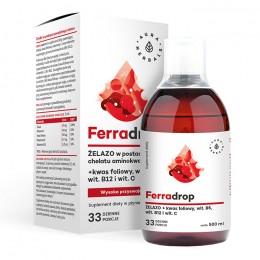 Ferradrop 500ml Aura Herbals żelazo w postaci chelatu aminokwasowego diglicynian żelaza kwas pteroilomonoglutaminowy