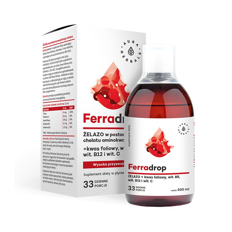 Ferradrop 500ml Aura Herbals żelazo w postaci chelatu aminokwasowego diglicynian żelaza kwas pteroilomonoglutaminowy