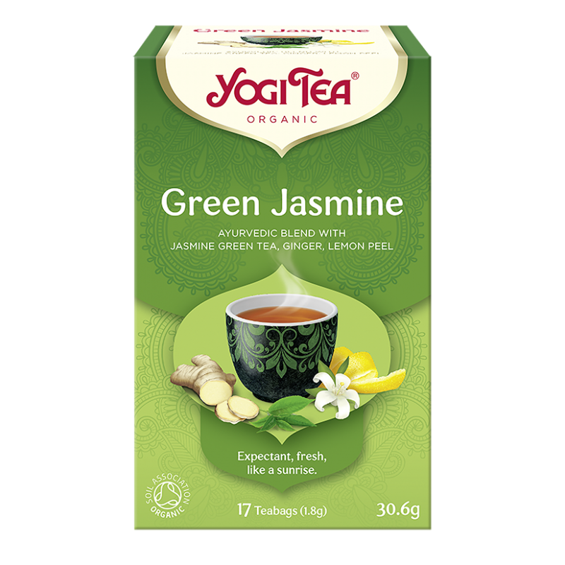 Yogi Tea Green Jasmine zielona jaśminowa 17 sasz. Ajurwedyjska herbata z zieloną herbatą jaśminową imbirem skórką cytrynową bio