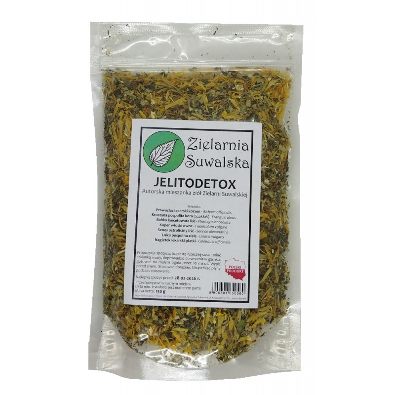Zioła Jelitodetox 150g Zielarnia Suwalska autorska mieszanka ziołowa Prawoślaz Kruszyna pospolita Babka lancetowata