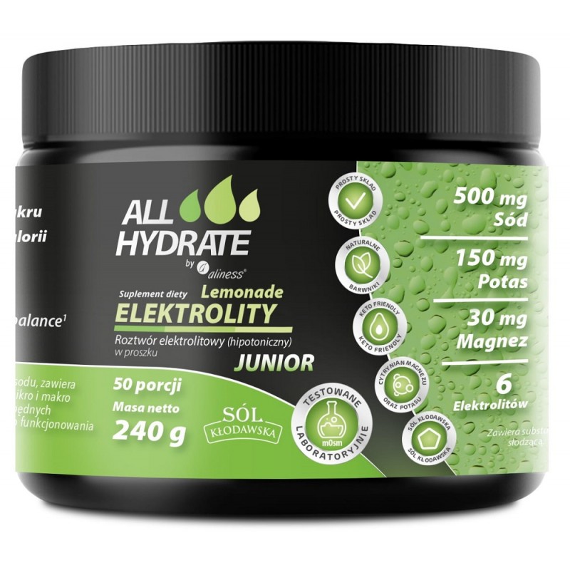 Elektrolity Lemonade Junior 240g ALLHydrate Aliness sód potas magnez wapń fosfor