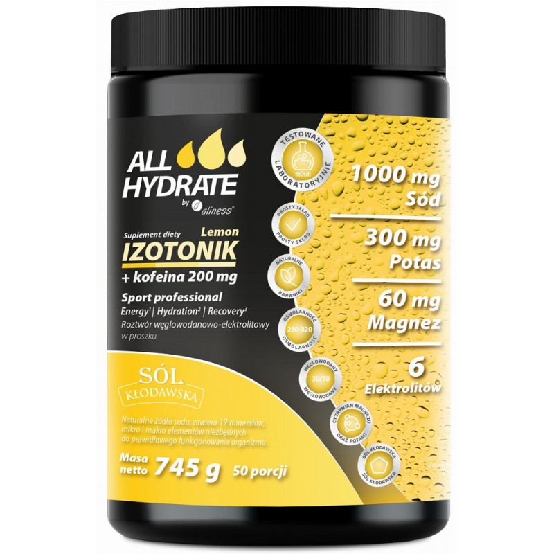 Izotonik Lemon + Kofeina 745g ALLHydrate Aliness sód potas magnez wapń fosfor kofeina