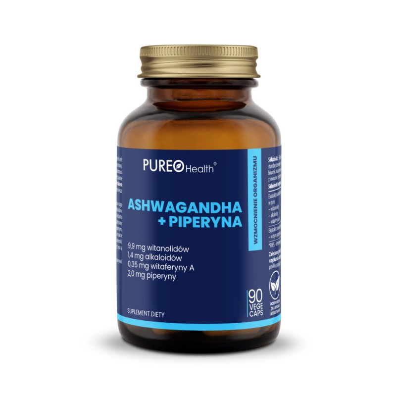 Ashwagandha + Piperyna 90 kaps. Pureo Health żeń-szeń witania ospała Withania somnifera L witanolidy alkaloidy witaferyna