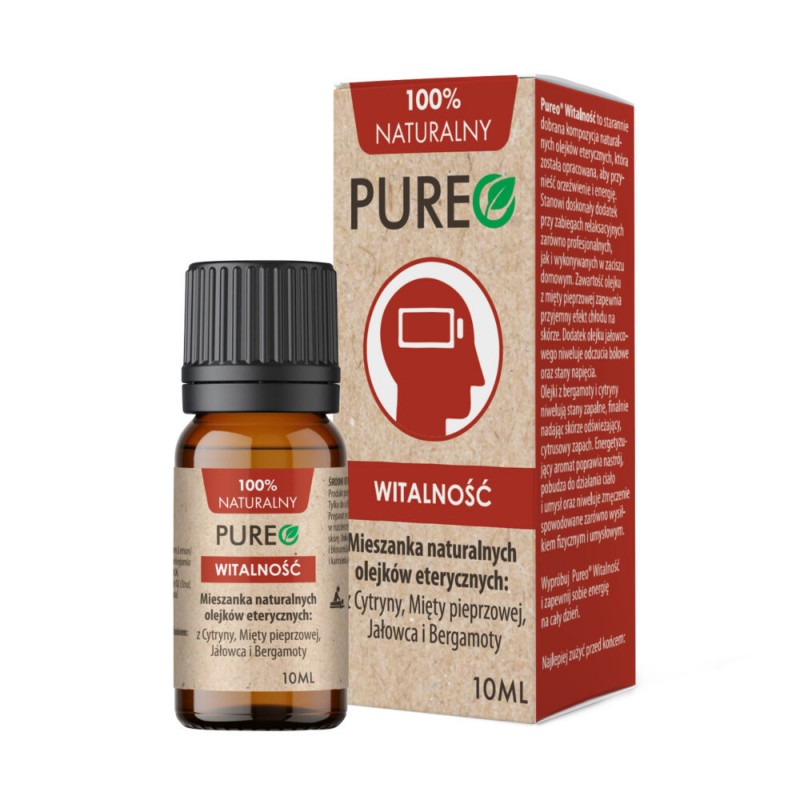 Olejek eteryczny Witalność 10ml Pureo mieszanka naturalnych olejków eterycznych z cytryny mięty pieprzowej jałowca bergamoty