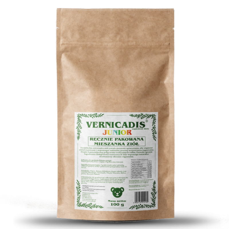 Vernicadis Junior mieszanka ziół 100g NaturaGo mięta pieprzowa hibiskus piołun orzech włoski tymianek tatarak koper włoski oman