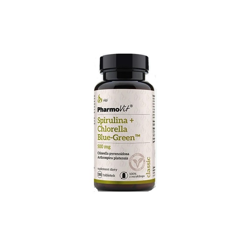 Spirulina + Chlorella Blue-Green 180 tabl. PharmoVit Chlorella pyrenoidosa Arthrospira platensi