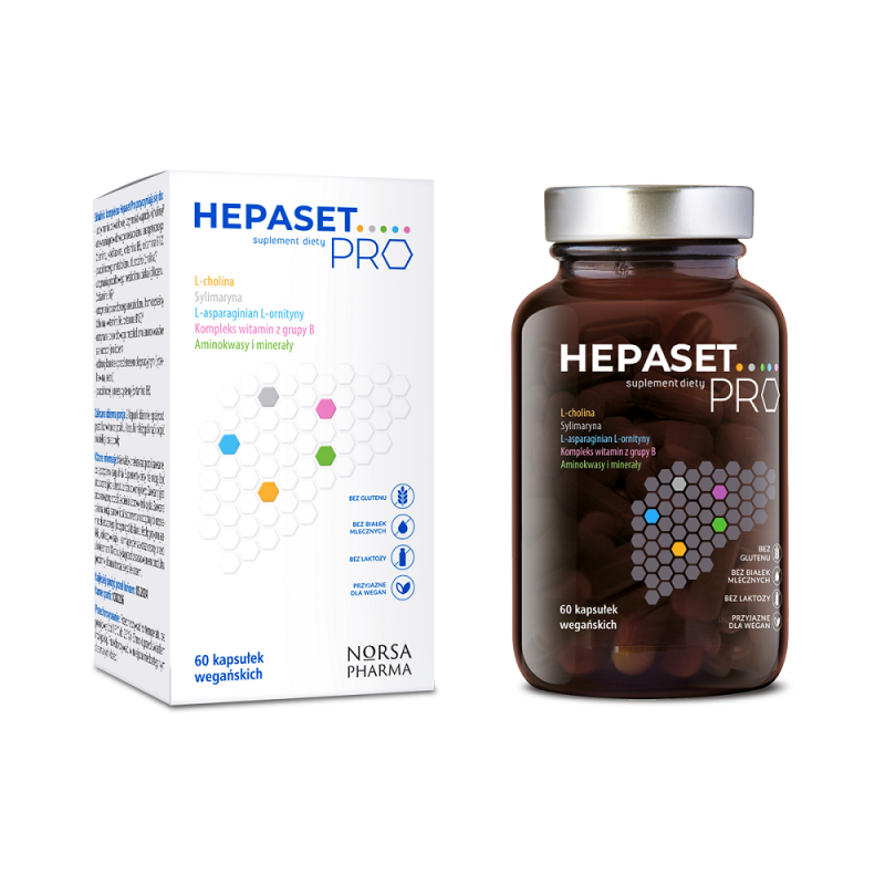 Hepaset Pro 60 kaps. Norsa Pharma cholina metionina tauryna N-acetylo L-cysteina ostropest tiamina niacyna kwas foliowy