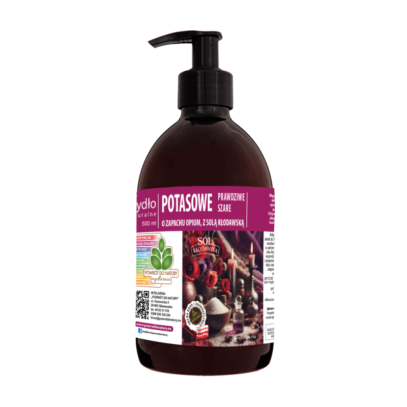 Naturalne mydło potasowe "Prawdziwe Szare" z solą kłodawską o zapachu opium 500ml
