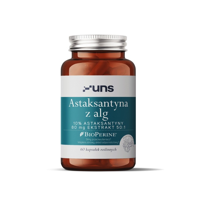 Astaksantyna z Alg 60 kaps. UNS ekstrakt z mikroalg Haematococcus pluvialis BioPerine L-leucyna