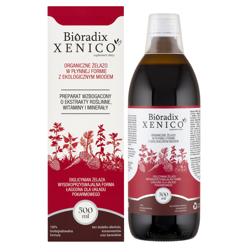 Bioradix 500ml Organiczne Żelazo minerały i witaminy w płynie Xenico Pharma  diglicynian żelaza czarna marchew liść pokrzywy