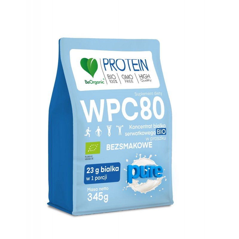 Białko serwatkowe WPC 80 Pure bezsmakowe 345g BeOrganic BCAA L-leucyna L-izoleucyna L-walina