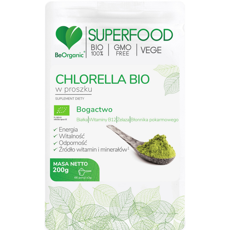 Chlorella Bio w proszku 200g BeOrganic białka witamina b12 żelazo błonnik pokarmowy chlorella vulgaris