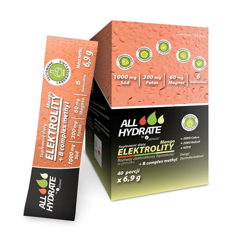 Elektrolity Mango + B complex methyl 40 sasz. AllHydrate Aliness sód potas magnez wapń kwas pantotenowy tiamina