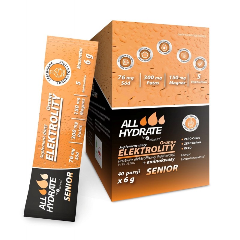 Elektrolity Senior Orange 40 sasz. AllHydrate Aliness sód magnez potas wapń aminokwasy