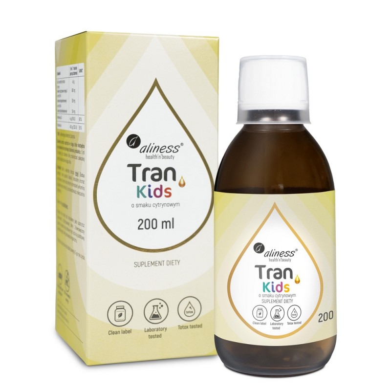 Tran Kids o smaku cytrynowym 200 ml Aliness olej z wątroby dorsza EPA DHA witamina D3 witamina A